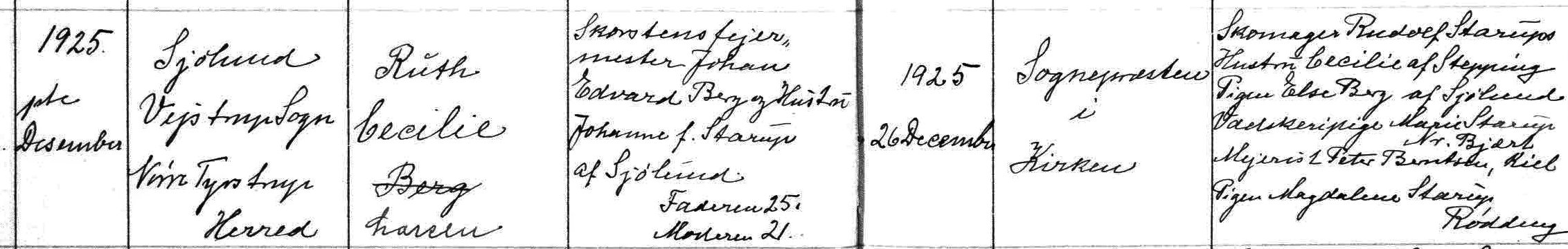 Udsnit af Sj&oslash;lund, Vejstrup kirkebog, Ruth Cecilie  Berg